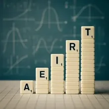 Analyze word and letter statistics - Gain an advantage in Scrabble! Word statistics visualized as a bar chart made of letter tiles (A, E, I, R, T) in front of a blackboard with data.